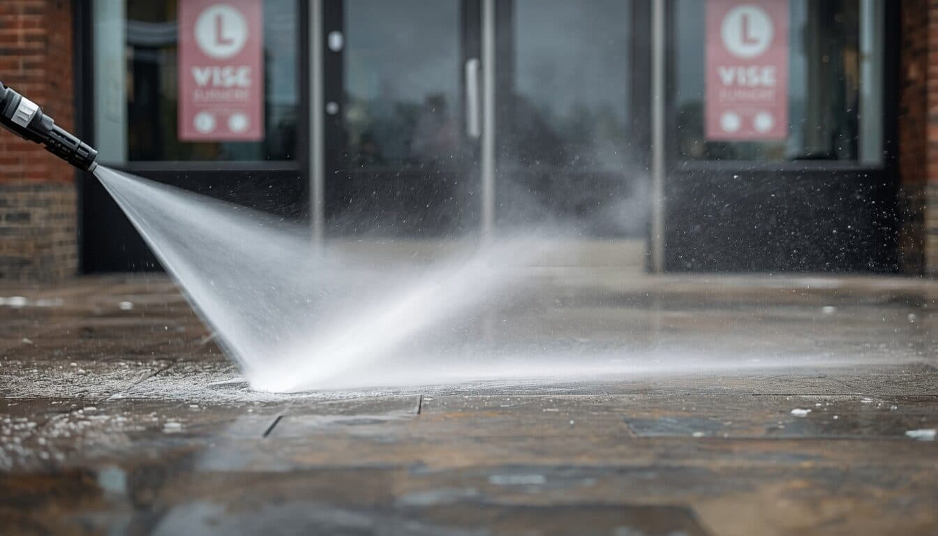 Storefront entrance being pressure washed