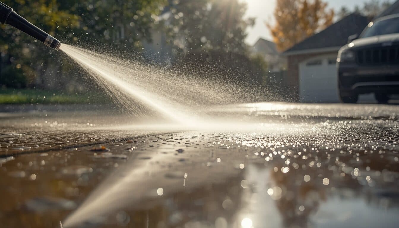 High pressure water jet cleaning a concrete driveway