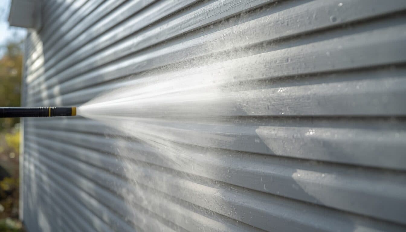 Siding panel being cleaned with a pressure washer