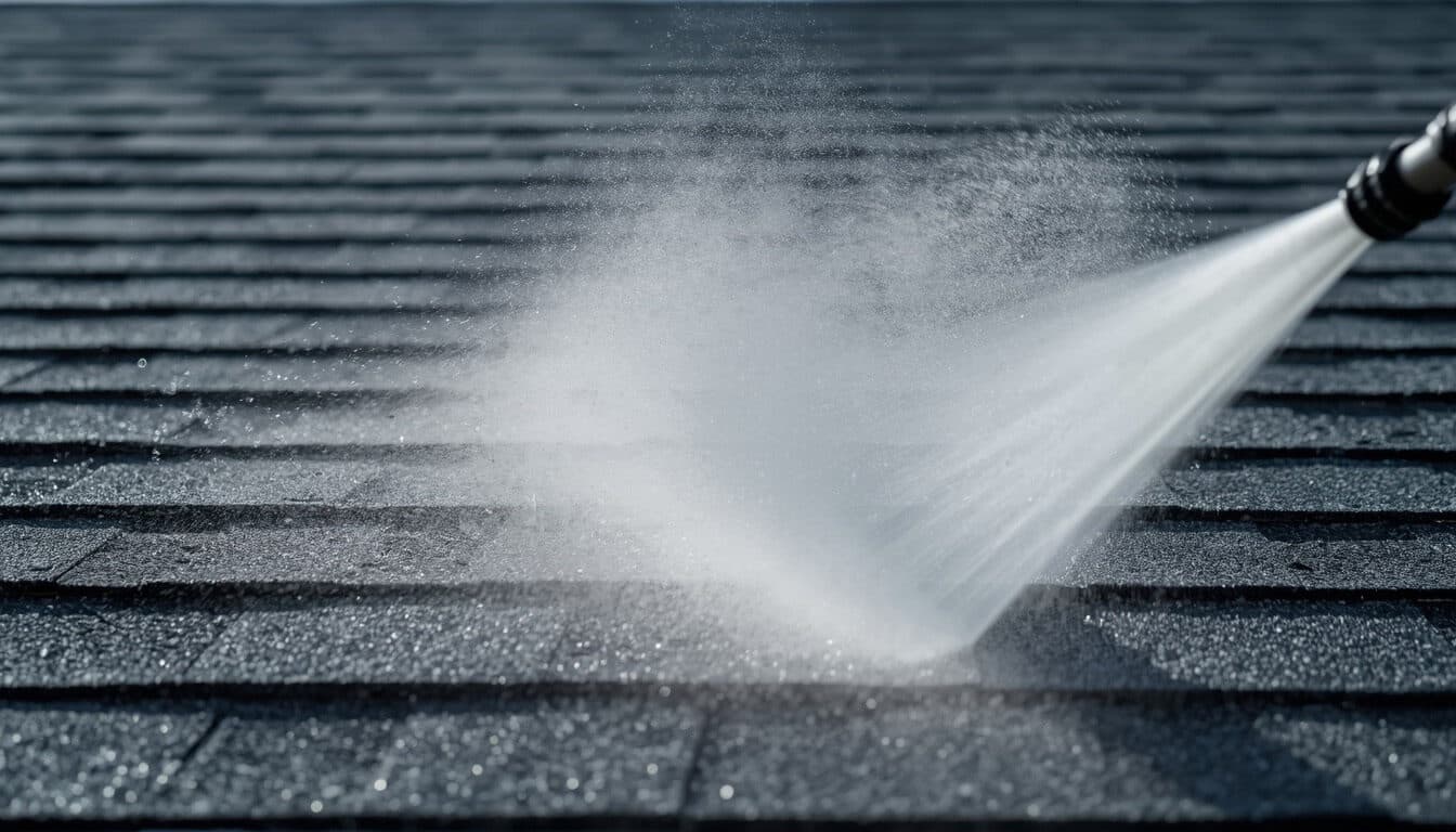 Roof shingles being cleaned with low pressure washing