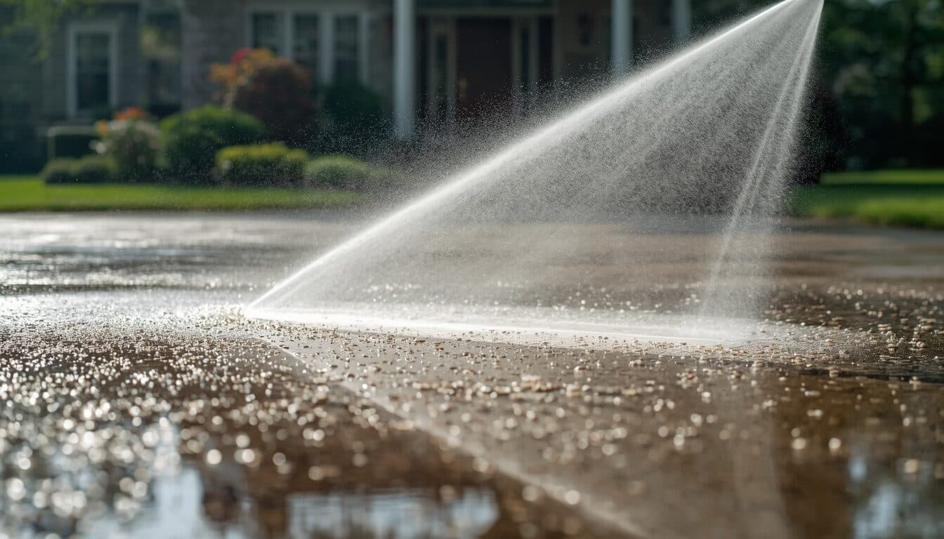 Concrete sidewalk being pressure washed clean